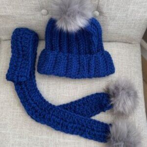 Handmade Royal Blue Crochet Hat (Size L) & Pom Pom Scarf Set – 70" Long 💙